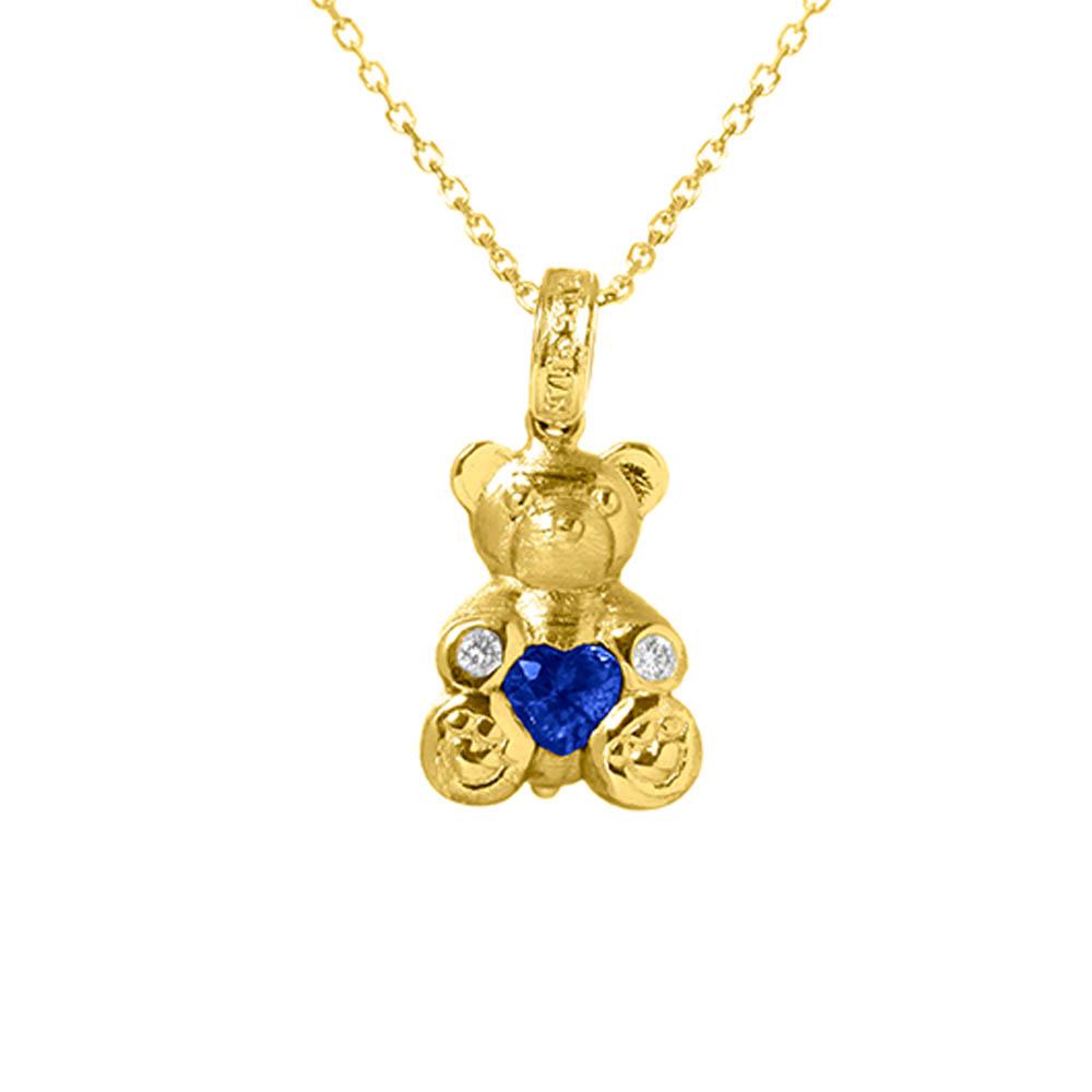 Yellow Gold Small Teddy Bear Pendant with Heartshape Blue Sapphire -  Stambolian | House of Jewels - Made in USA