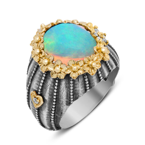 Aged Silver and 18K Gold and Diamond Flower Ring with Opal Center ...